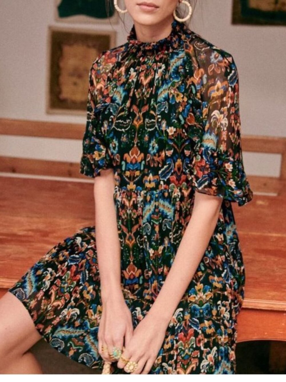 Sézane Ninon Dress in Ikat Multicolor Print, Size 34 EU, NWT